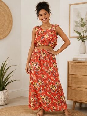 No Boundaries Juniors' Ruffle Crop Top and Maxi Skirt, 2-Piece Set